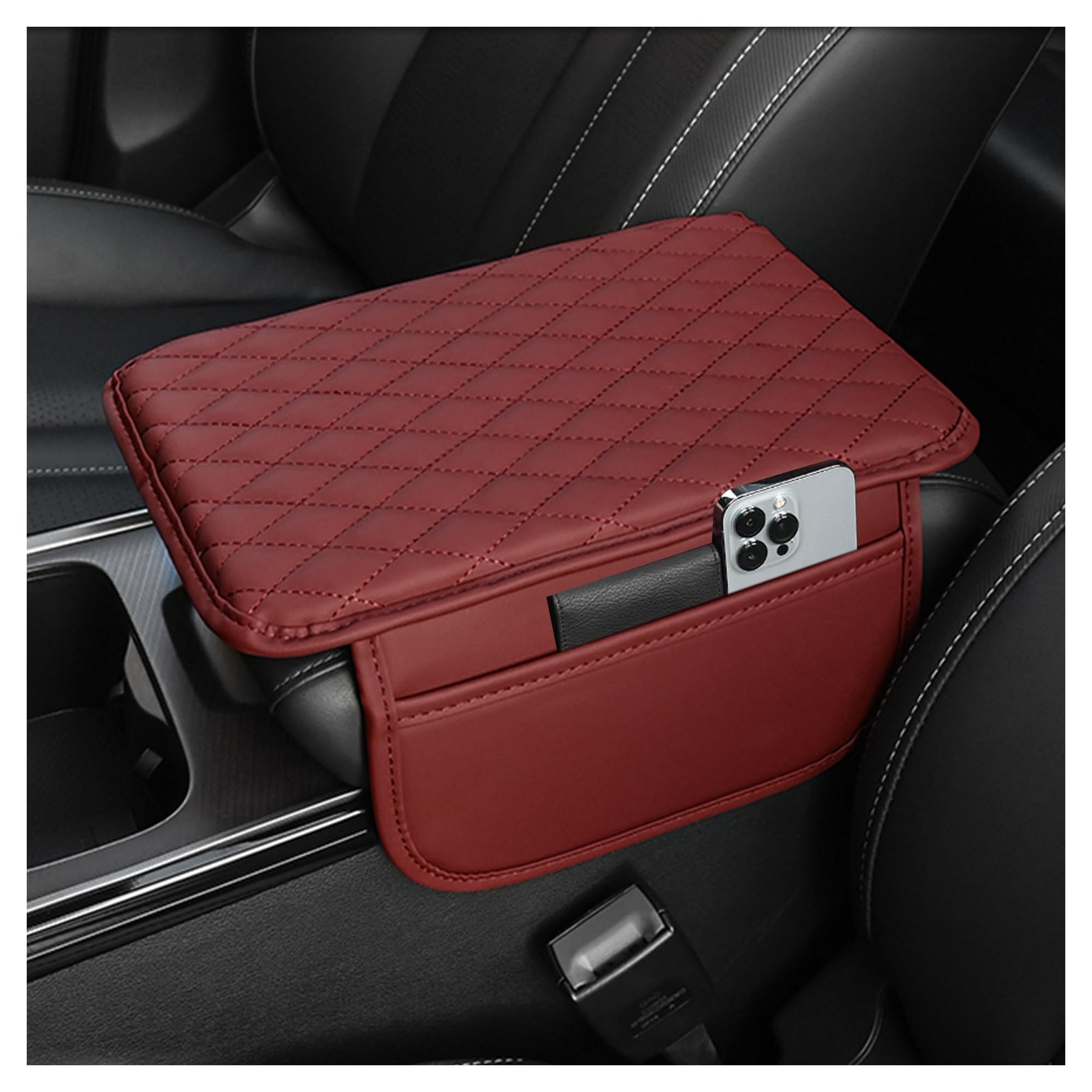 Leather Center Console Armrest Cover with Storage Pockets