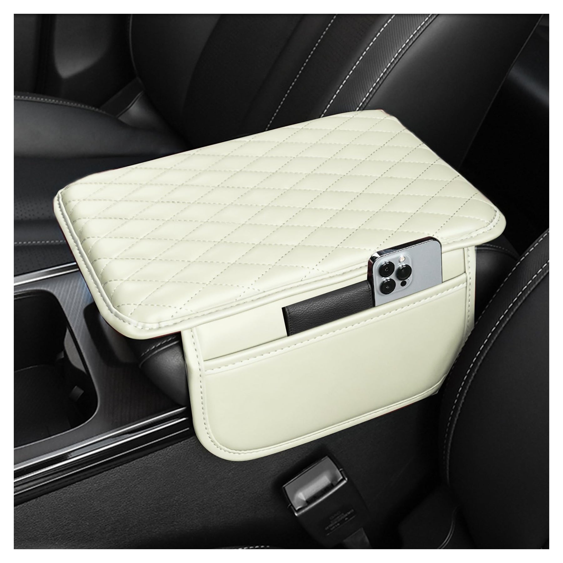 Leather Center Console Armrest Cover with Storage Pockets