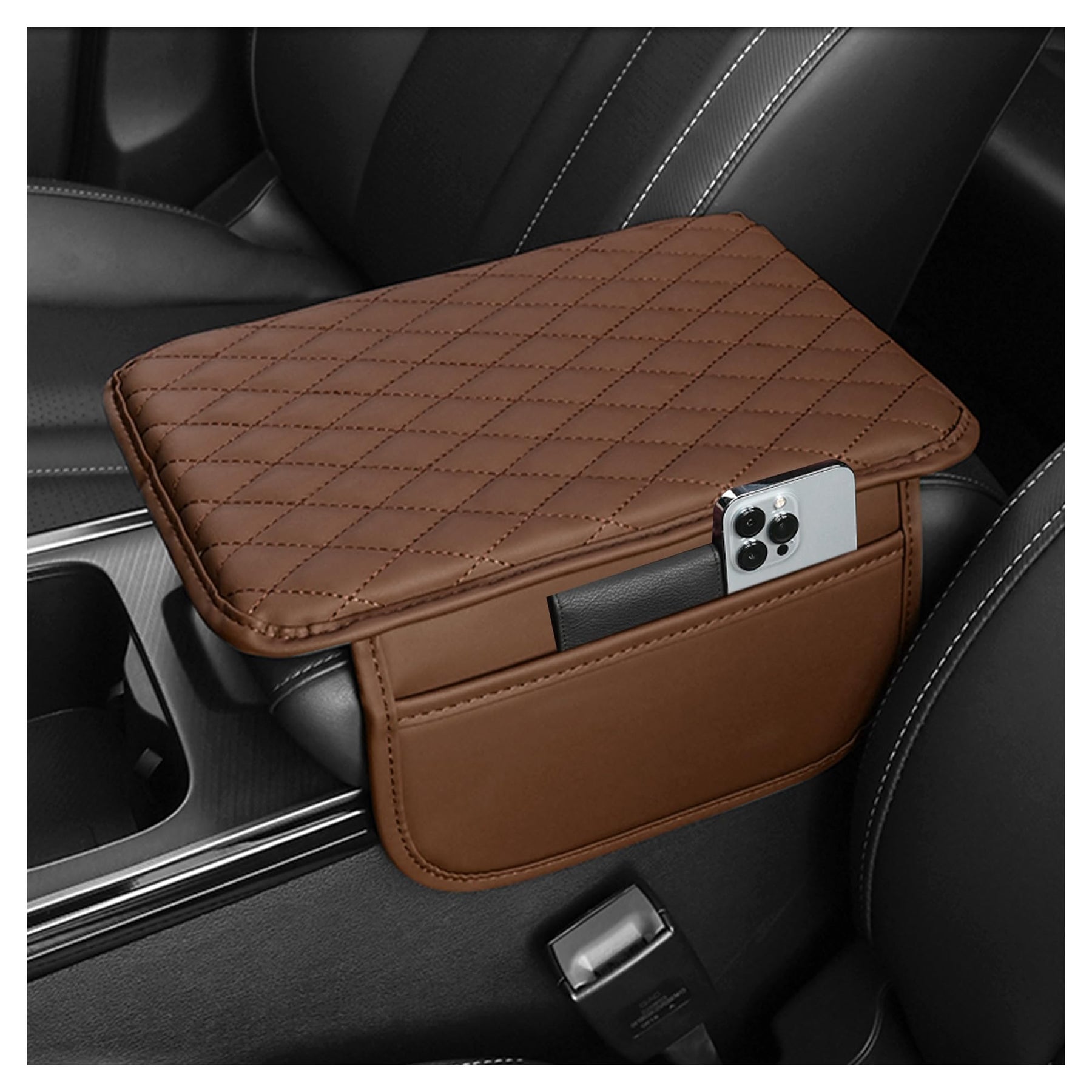 Leather Center Console Armrest Cover with Storage Pockets