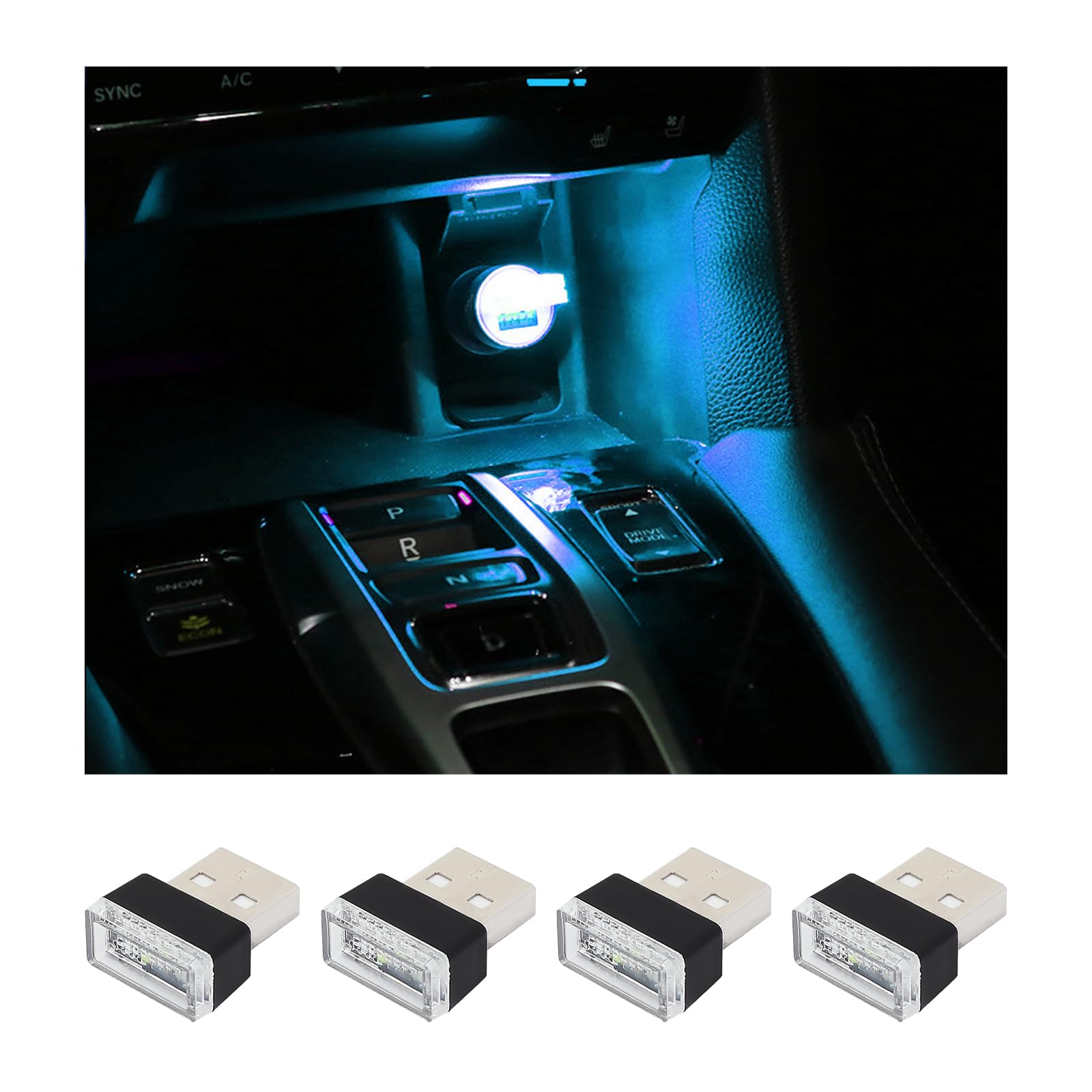 4PCS USB LED Car Interior Ambient Lights Kit
