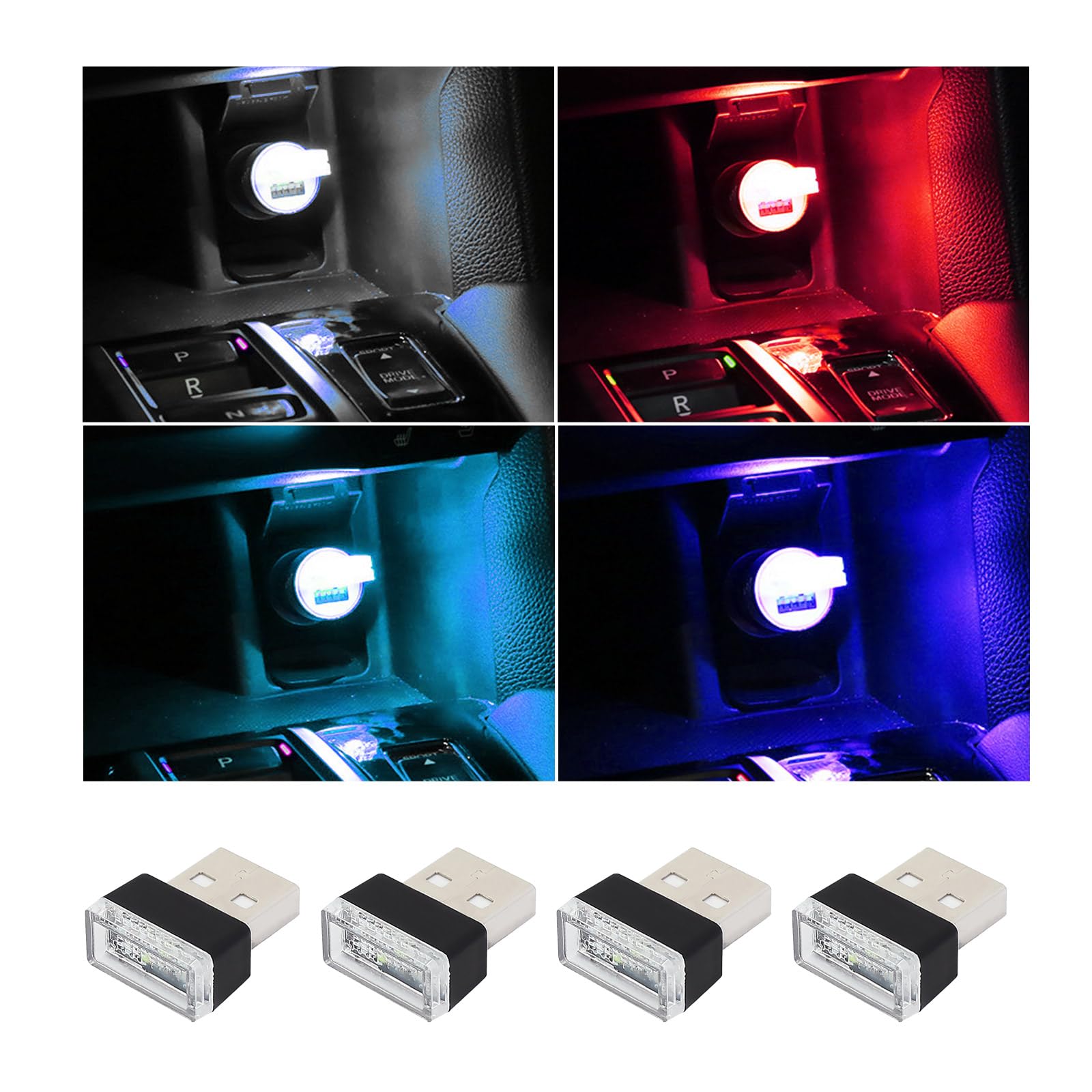 4PCS USB LED Car Interior Ambient Lights Kit