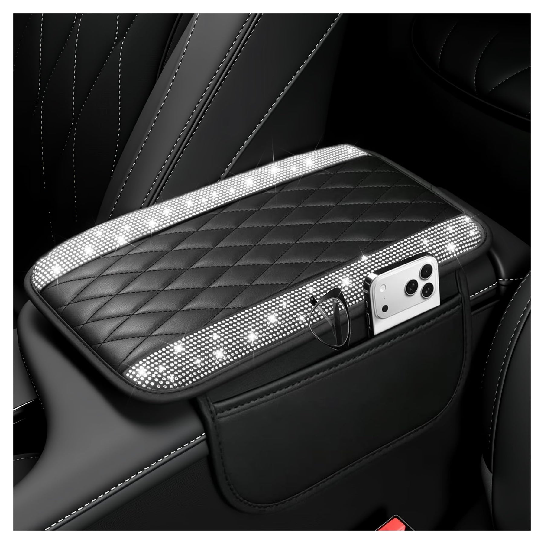 Leather Center Console Armrest Cover with Storage Pockets