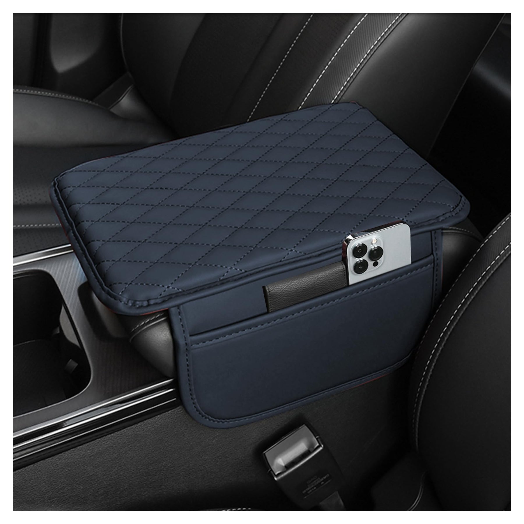 Leather Center Console Armrest Cover with Storage Pockets
