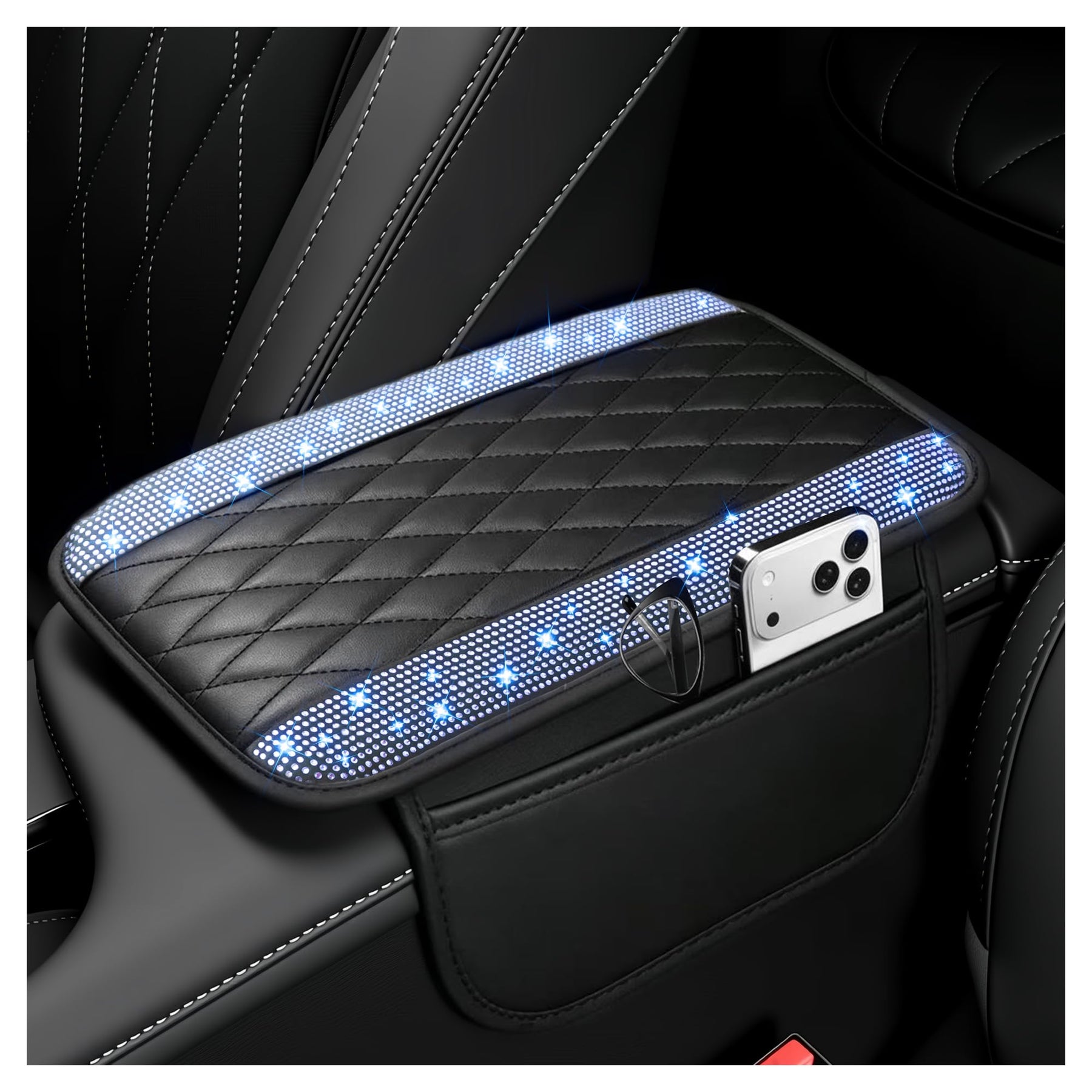 Leather Center Console Armrest Cover with Storage Pockets