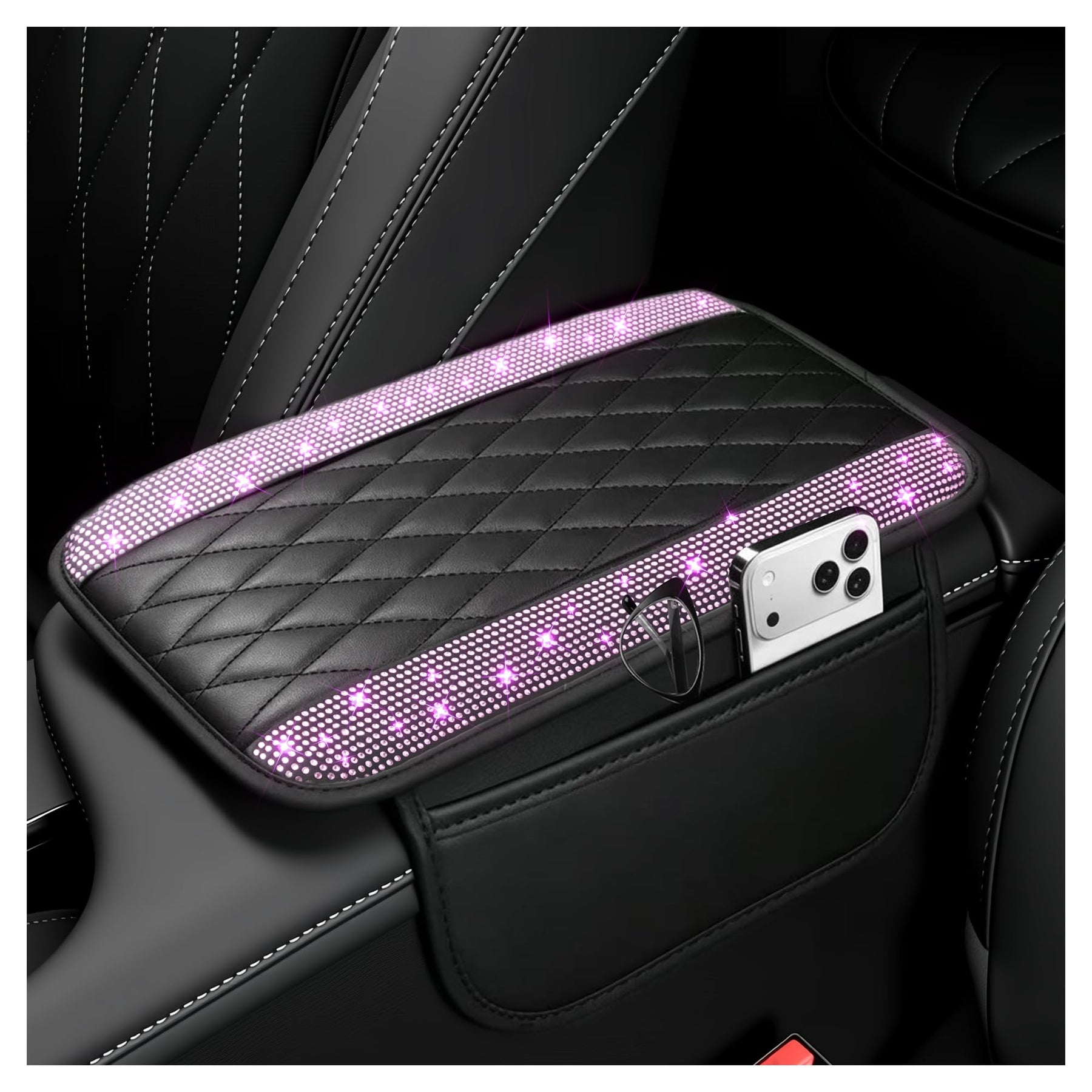 Leather Center Console Armrest Cover with Storage Pockets
