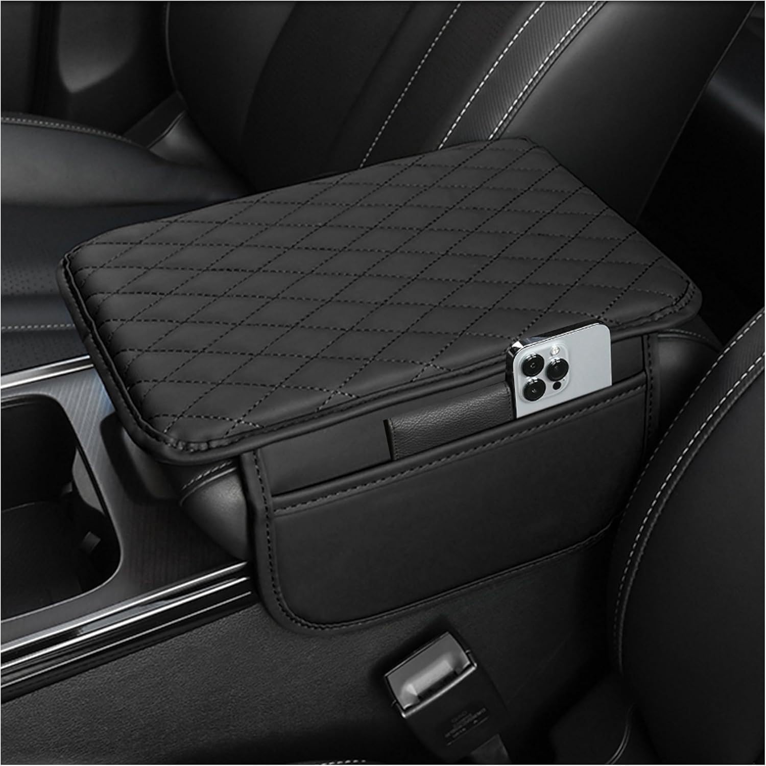 Leather Center Console Armrest Cover with Storage Pockets