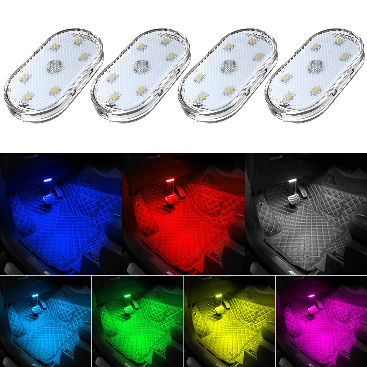 4Pcs Car LED Lights Interior Wireless, 7 Colors Interior Car Lights