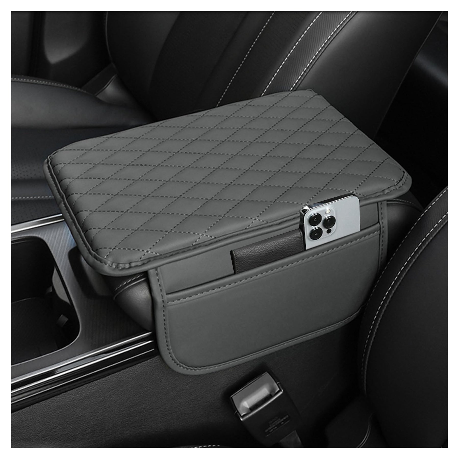 Leather Center Console Armrest Cover with Storage Pockets