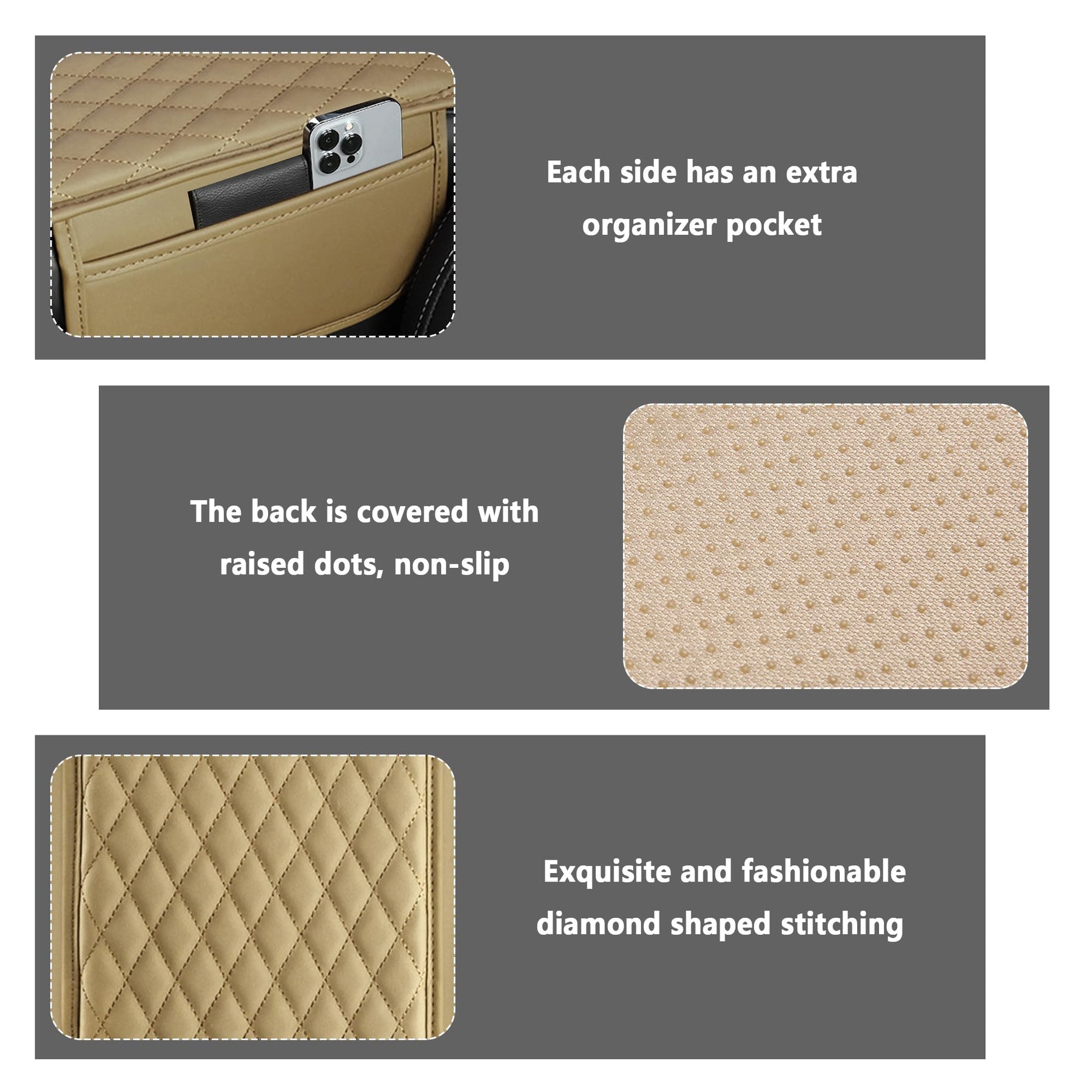 Leather Center Console Armrest Cover with Storage Pockets
