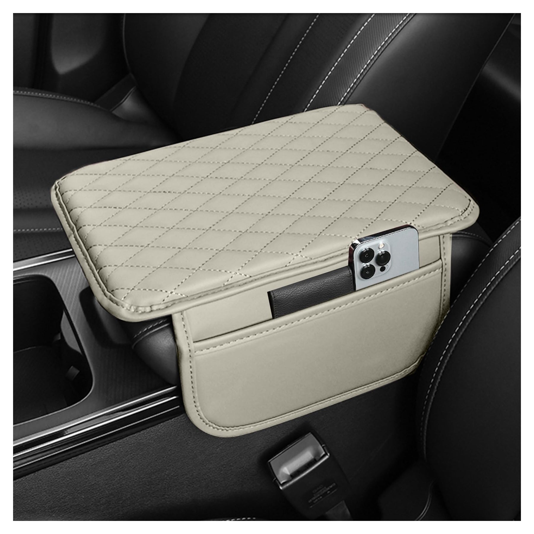 Leather Center Console Armrest Cover with Storage Pockets