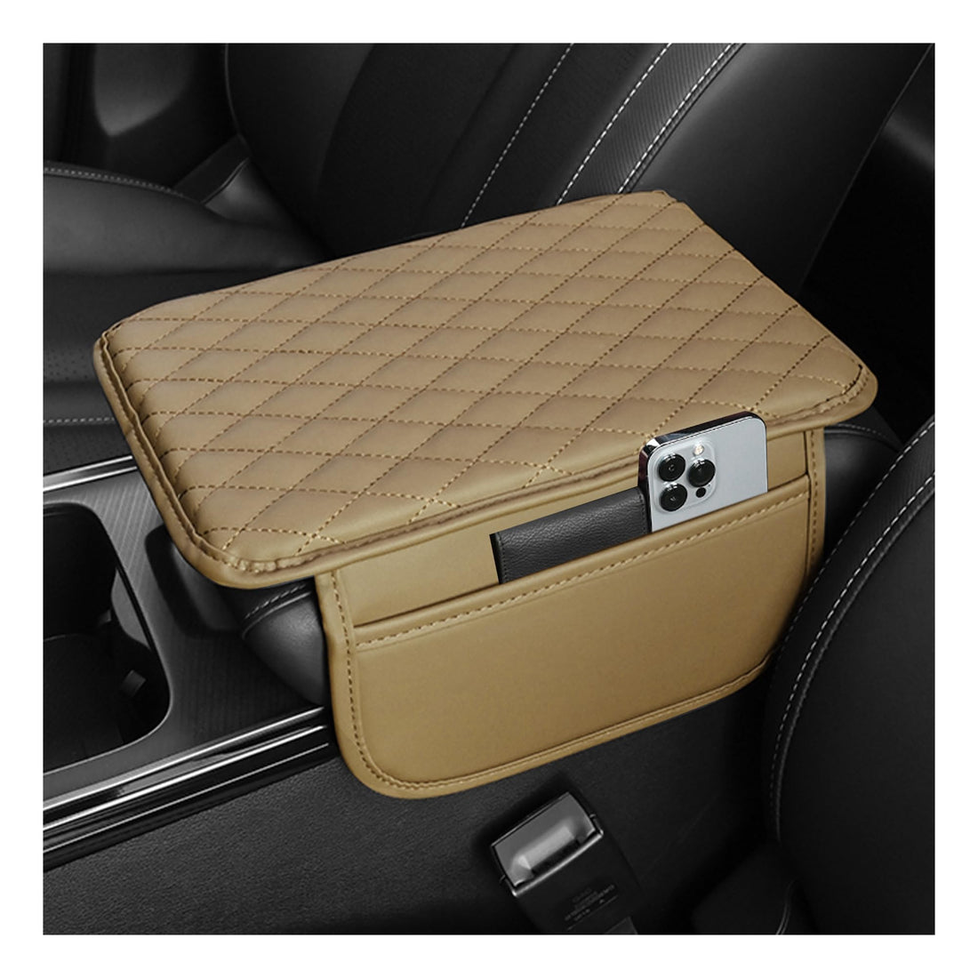 Leather Center Console Armrest Cover with Storage Pockets