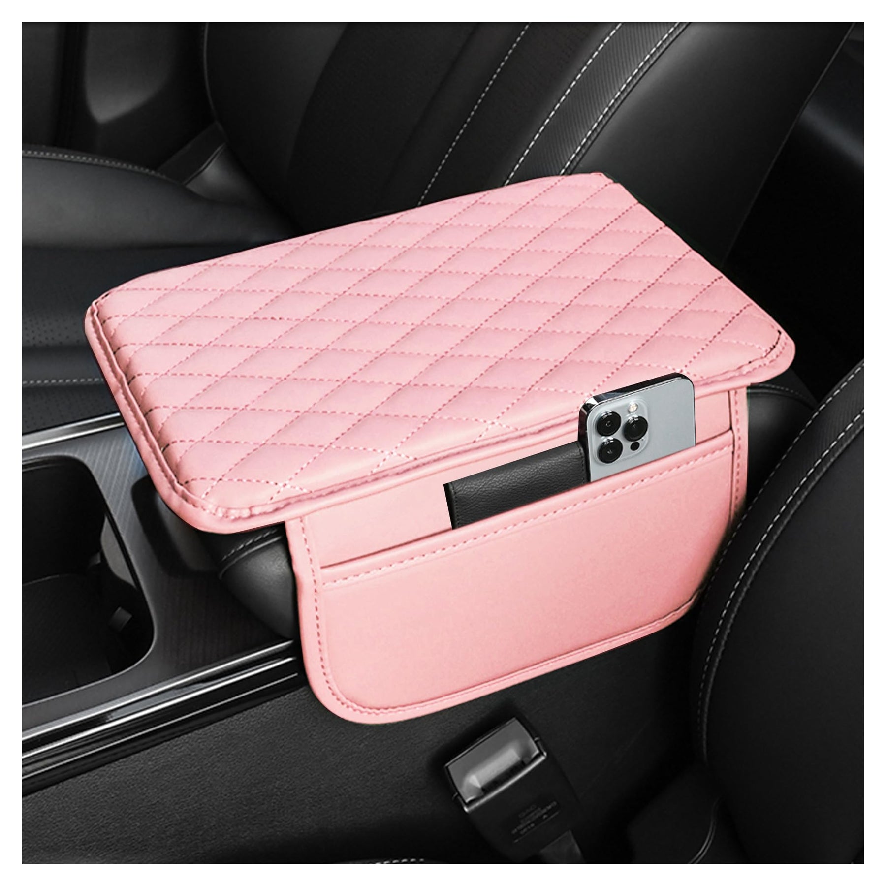 Leather Center Console Armrest Cover with Storage Pockets