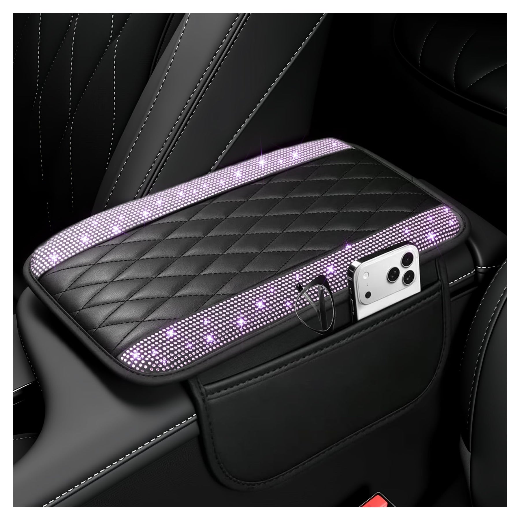 Leather Center Console Armrest Cover with Storage Pockets