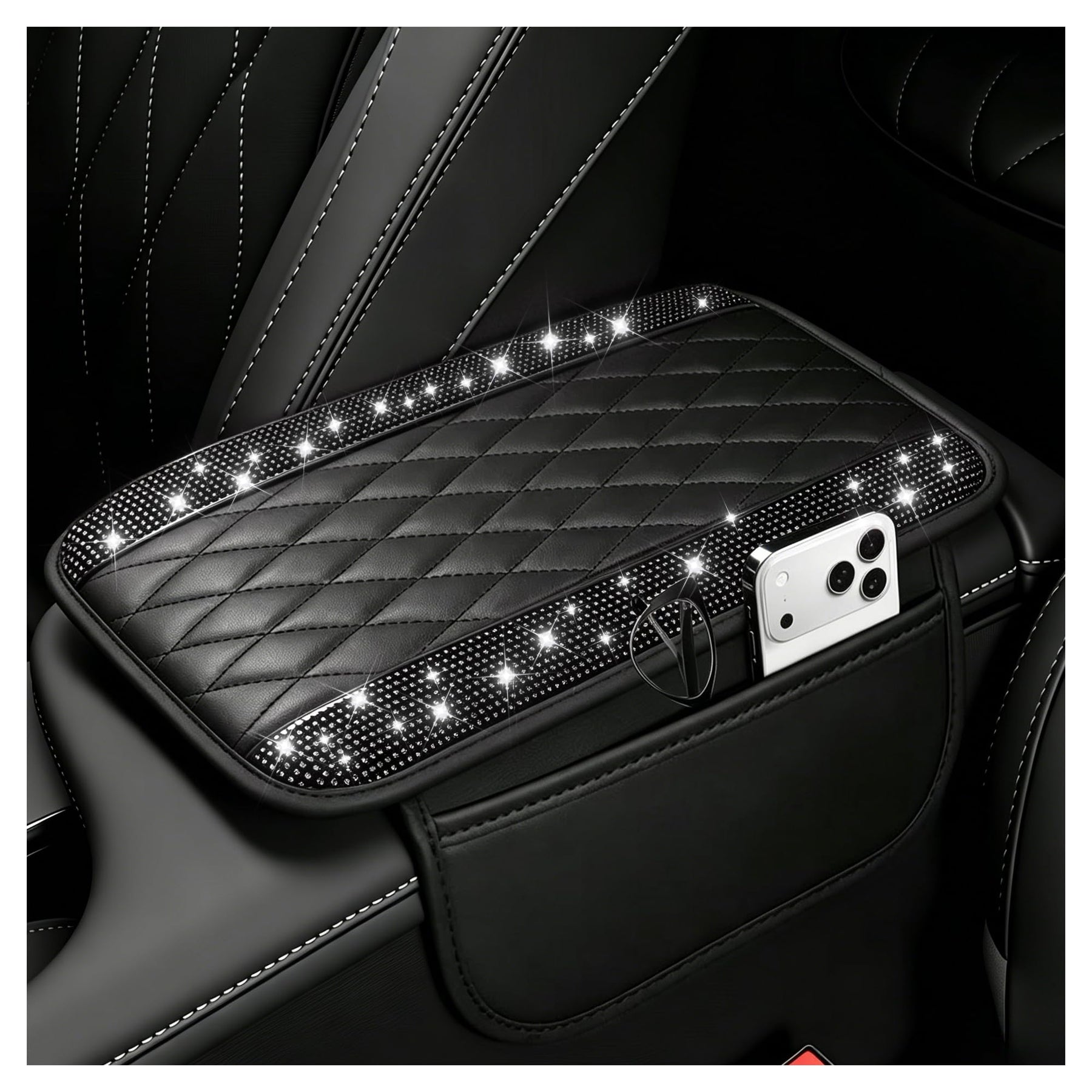 Leather Center Console Armrest Cover with Storage Pockets