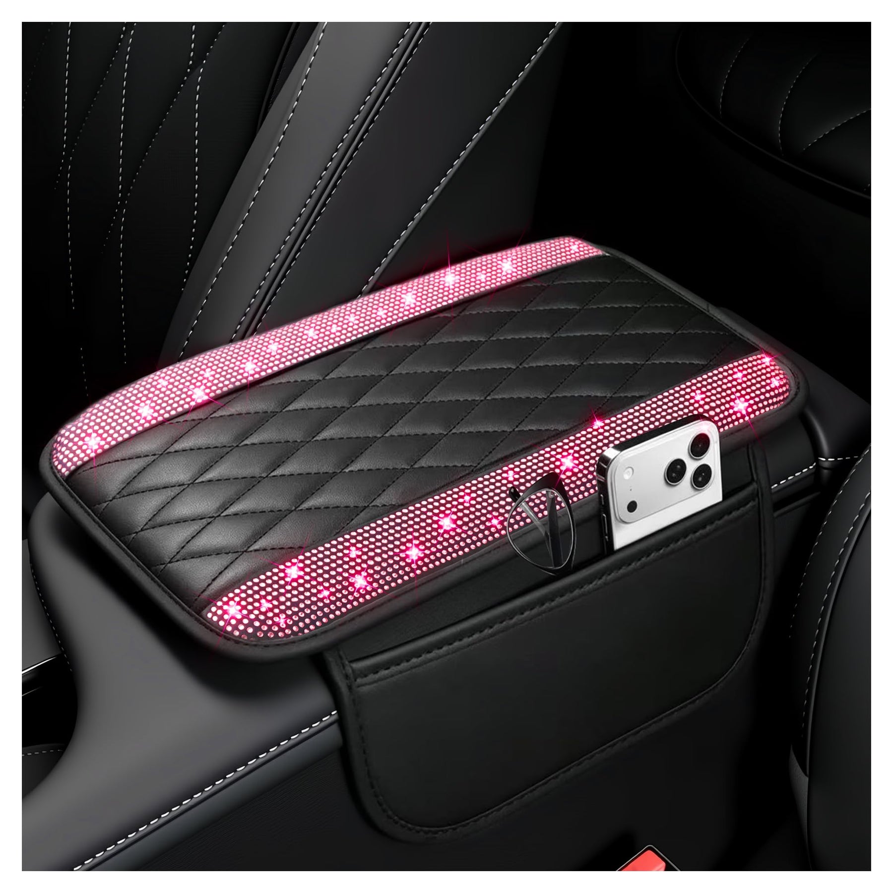 Leather Center Console Armrest Cover with Storage Pockets